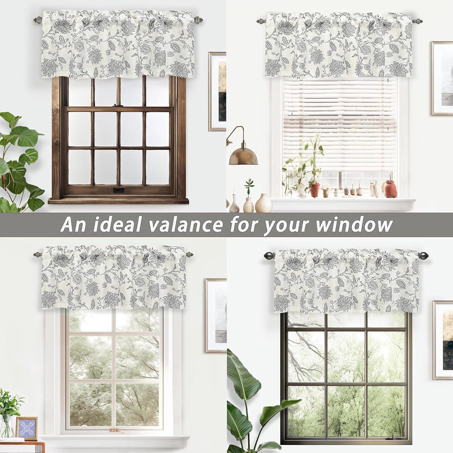 DriftAway Freda Jacobean Floral Linen Blend Blackout Thermal Insulated Energy Saving Privacy Window Curtain Valance Rod Pocket 2 Layers Single 18"L x 52"W plus 2" Header Gray Beige