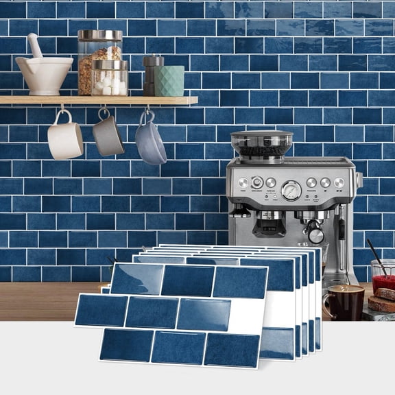 6 Pcs Peel and Stick Blue Marbling 3D Tiles Stickers 6 x 12inch DIY Decor Mosaic Brick Wall Decals Self Adhesive Waterproof Kitchen Backsplash