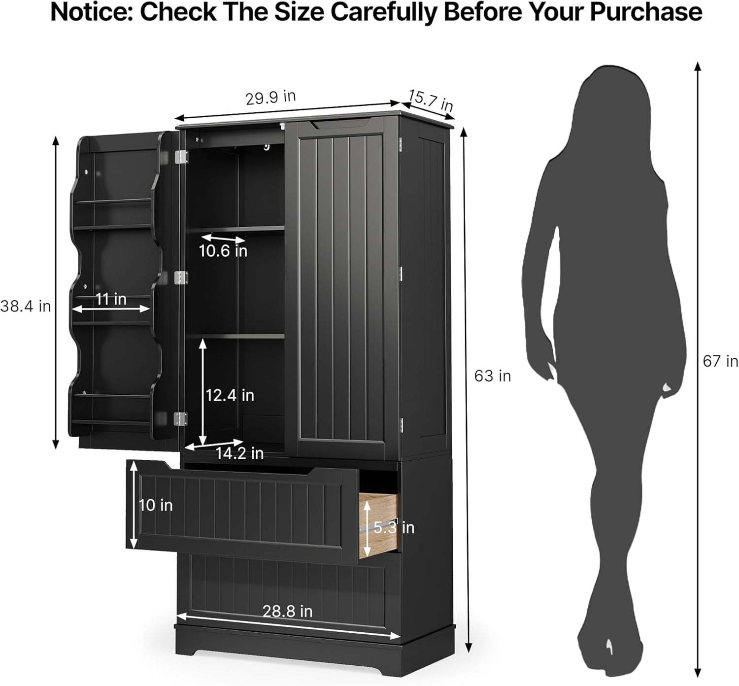 63'' Large Kitchen Pantry Cabinet with Drawers, Noelse Pantry Storage Cabinets with 2 Doors and 3 Shelves for Kitchen Dining Room and Living Room, Black