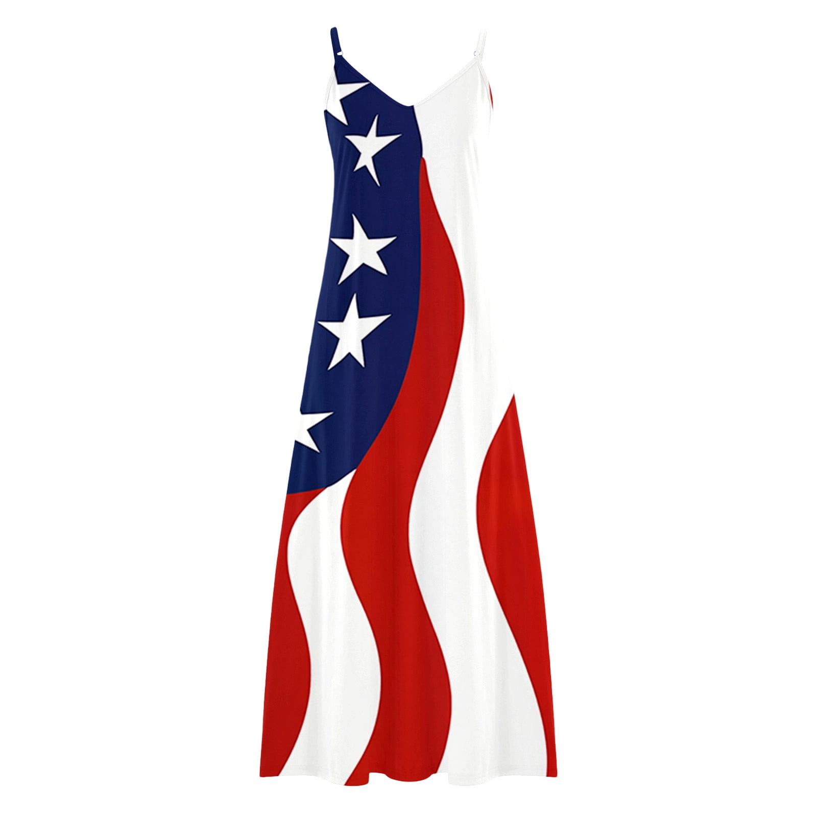 Plus Size Women 4th of July Sleeveless Dress Patriotic V Neck Maxi Dresses Spaghetti Strap Beach Long Dresses