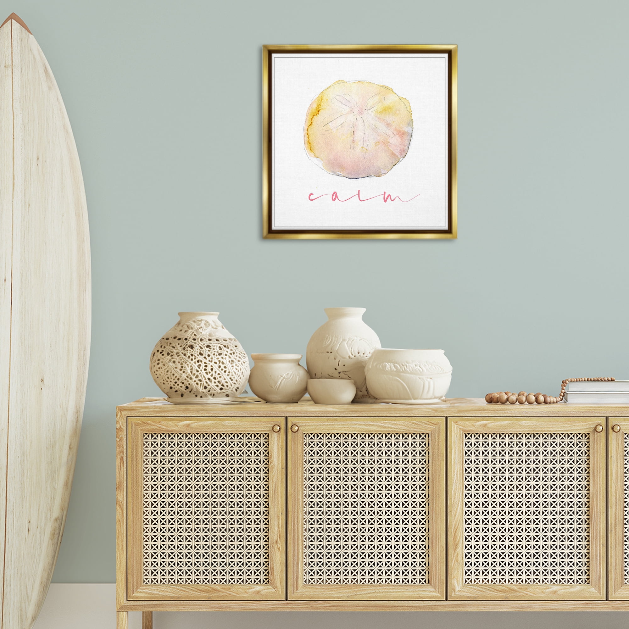 Stupell Industries Sand Dollar Calm Phrase Nautical & Beach Painting Gold Floater Framed Canvas Art Print Wall Art, 25 x 25