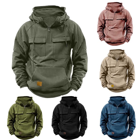 LOVZFMLL Hoodies for Men, Solid Cargo Hooded Sweatshirt with Multiple Pockets, Casual Athletic, Loose Fit Pullover Fall Clothes