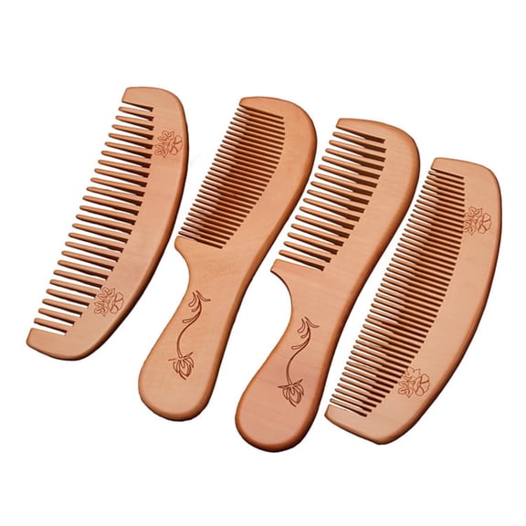 4pcs Peach Wooden Combs Carved Pocket Wood Comb Anti-static Massage Combs (Handle Fine Serration Handle Wide Serration Moon Fine Serration Moon Wide Serration)