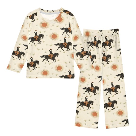 FORMRS Kids Pajama Set Fleece Long Sleeve Top Relaxed-Fit Pants Lounge Sleepwear, Sizes 3T-11Y, Beige Horses Field Pattern