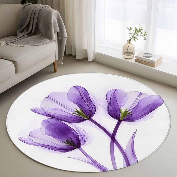Luxury Purple Tulip Round Area Rug 3 FT, Small Kitchen Bathroom Mats, Watercolor Spring Rustic Floral Washable Indoor Outdoor Throw Runner Carpet Non-Shedding Doormat for Table Shower Sofa Entryway