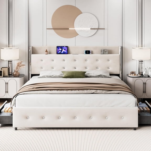 CuisinAid Queen Size Upholstered Bed Frame with Headboard Shelf, Charging Station & 4 Storage Drawers, Platform Bed with Noise-Free Wooden Slats, No Box Spring Needed