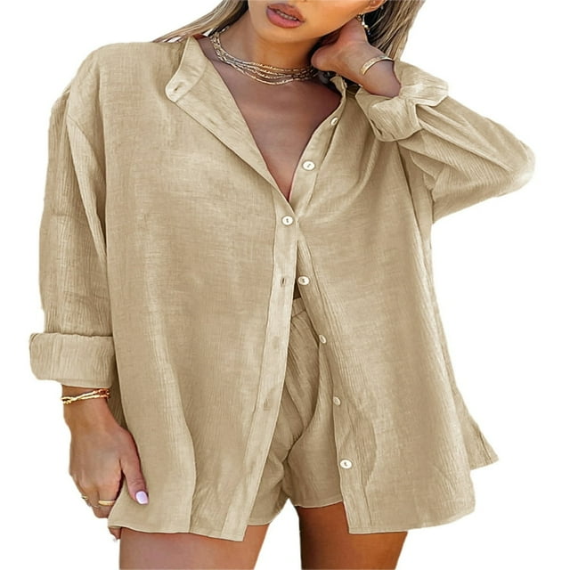 Summer Women 2 Piece Outfit Oversized Button Down T-Shirt Top Drawstring Shorts Set Tracksuit Sweatsuit