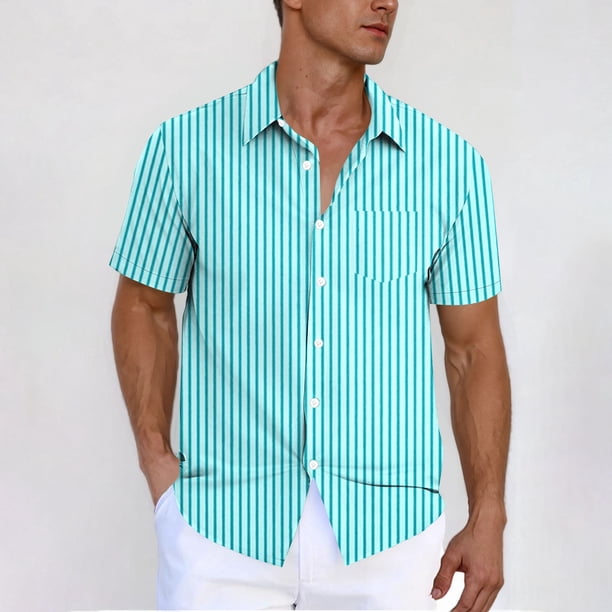 Blusa y camisa de manga corta con cuello vuelto y botones para hombre, estilo cárdigan vertical de manga corta con cuello vuelto y bolsillo, blusa de poliéster para hombre