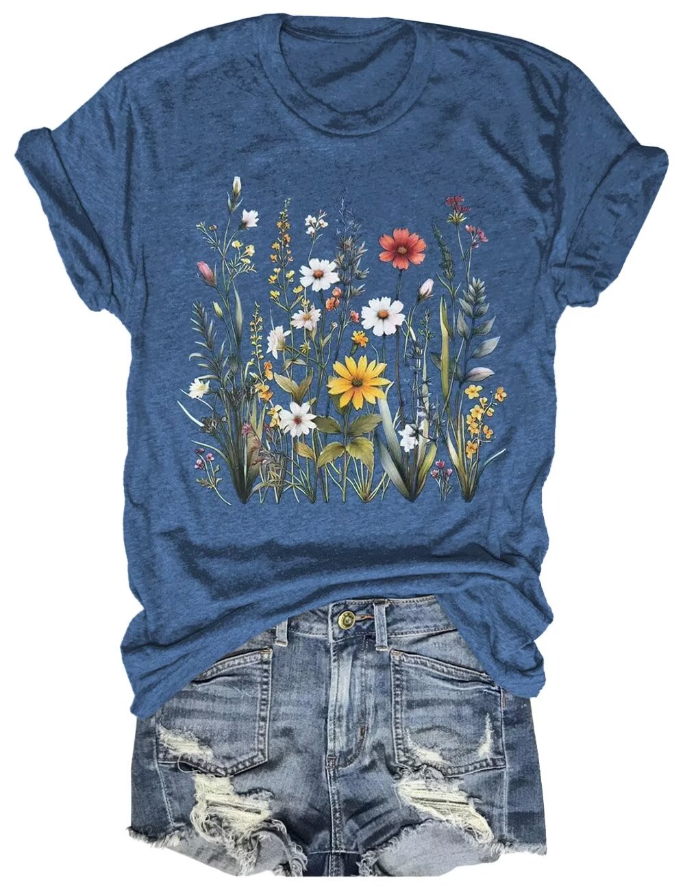 Womens Crew Neck T Shirts Vintage Cute Boho Flowers Short Sleeve Wildflower Tops