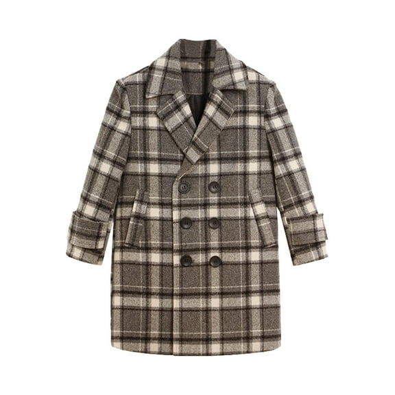 Cethrio Boys Peacoats Size 10-12, Plaid Long Sleeve Mid-length Casual Blended Wool Coats Gray