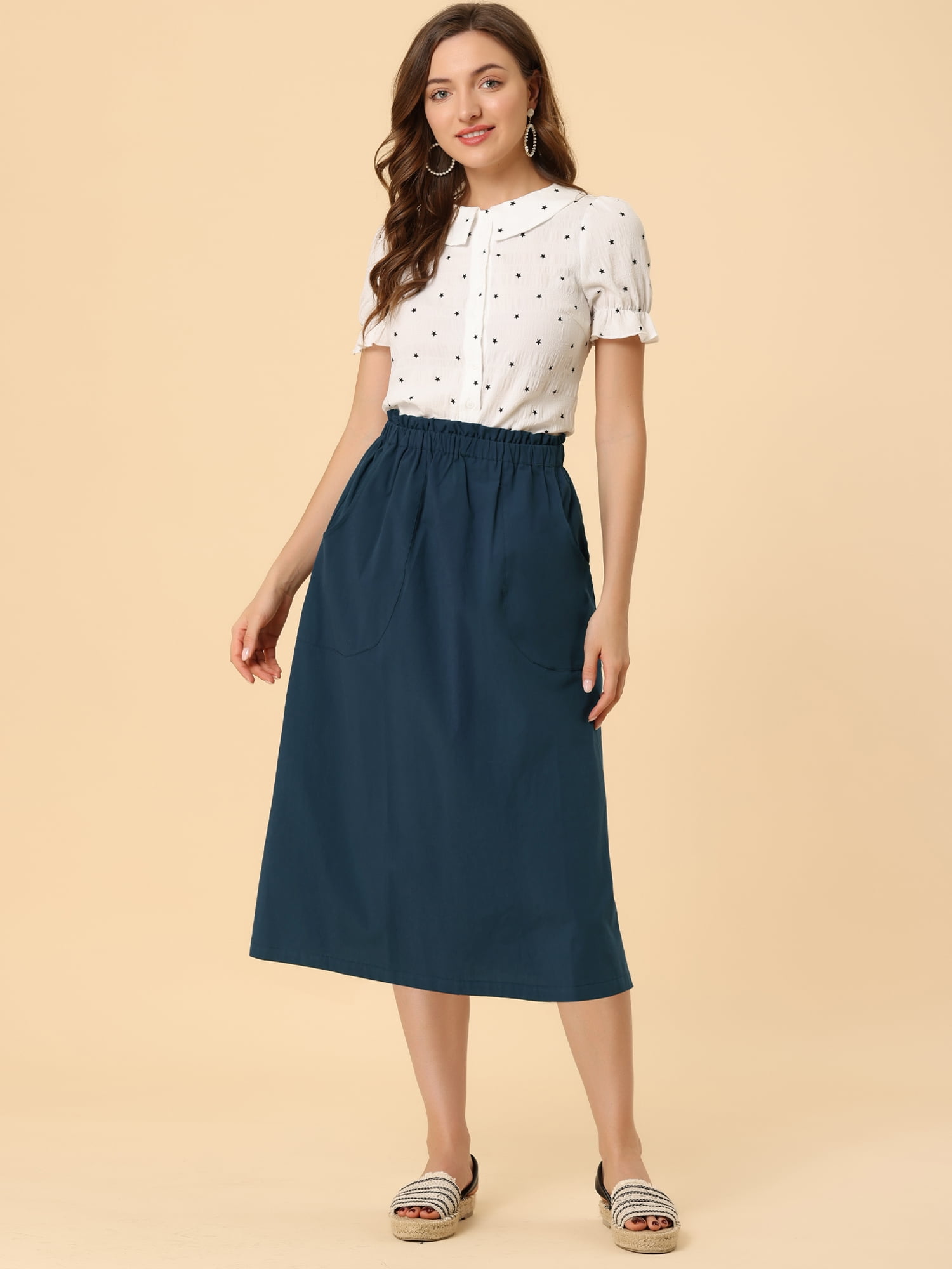 DARING DIVA Women's Cotton A-Line Midi Skirt with Pockets XS Dark Blue