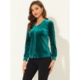thumbnail image 3 of Blusa de mujer con cuello en V y manga larga de terciopelo con pliegues delanteros y botones Verde L, 3 of 5