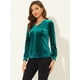 thumbnail image 3 of Blusa de mujer con cuello en V y manga larga de terciopelo con pliegues delanteros y botones Verde L, 3 of 5