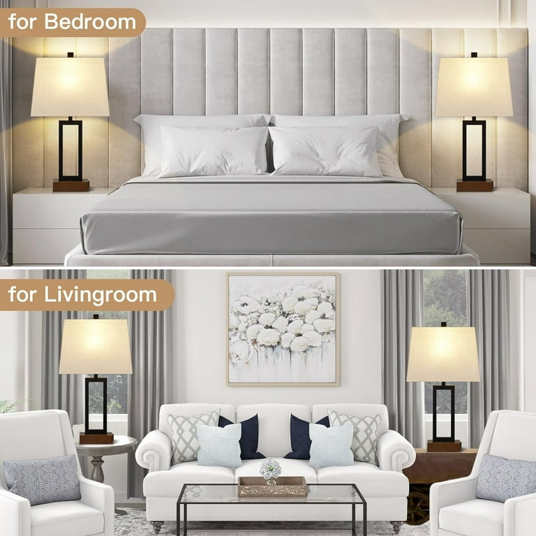 Table Lamp For Bedroom Set Of 2 With 2 USB Ports And AC Power Outlet 23 5 34 Modern Bedside Lamp Wood Nightstand Lamp Linen Shade Living Room Hotel Desk Led Bulb Inc