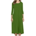 thumbnail image 2 of Hfyihgf Women's Fall Casual 3/4 Sleeve Dresses Crewneck Empire Waist Loose A-Line Flare Midi Dress Z1-Grass Green 3XL, 2 of 9