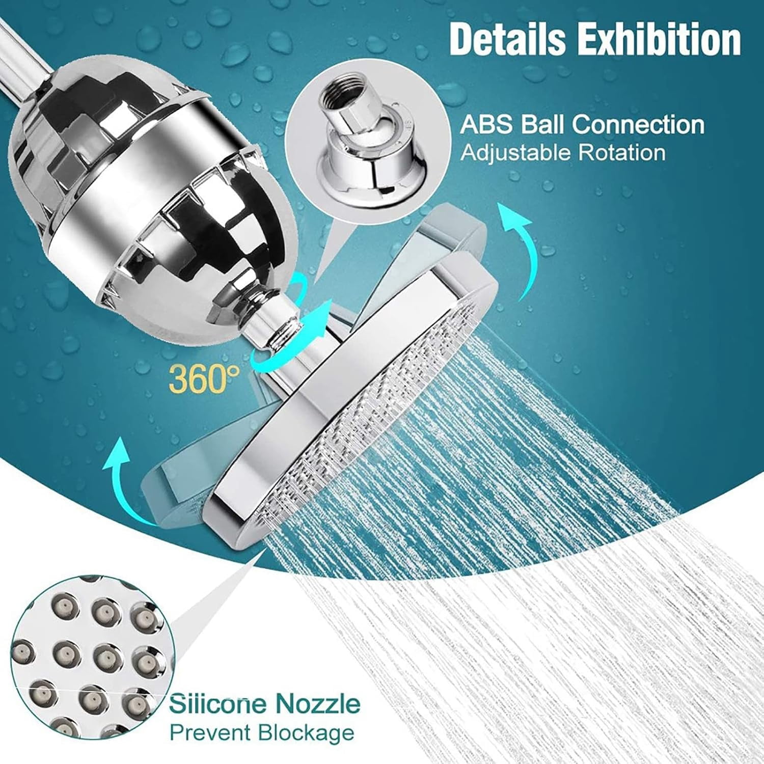 Rainfall Shower Head with Filter 6 Inches Fixed Rain Showerhead High Pressure Anti-Scaling Bathroom Showerhead Round 360° Adjustable Fixed Shower