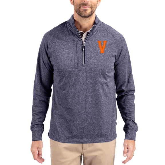 Women's-Cutter & Buck Heather Navy Virginia Cavaliers Adapt Eco Knit Stretch Recycled DryTec Raglan Quarter-Zip