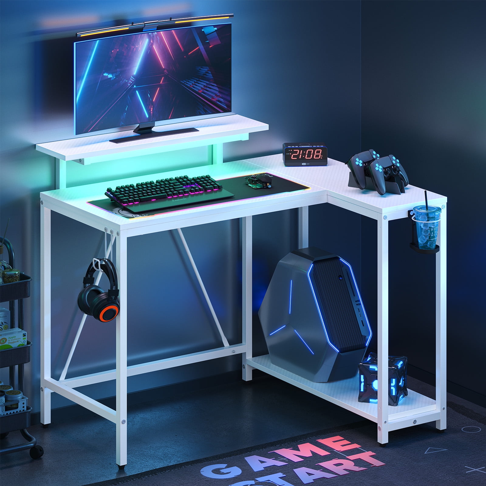 Pinmoco 42" Reversible L-Shaped Gaming Desk with Monitor Stand, LED Lights& Headset Hooks, Home Office, Carbon Fiber White