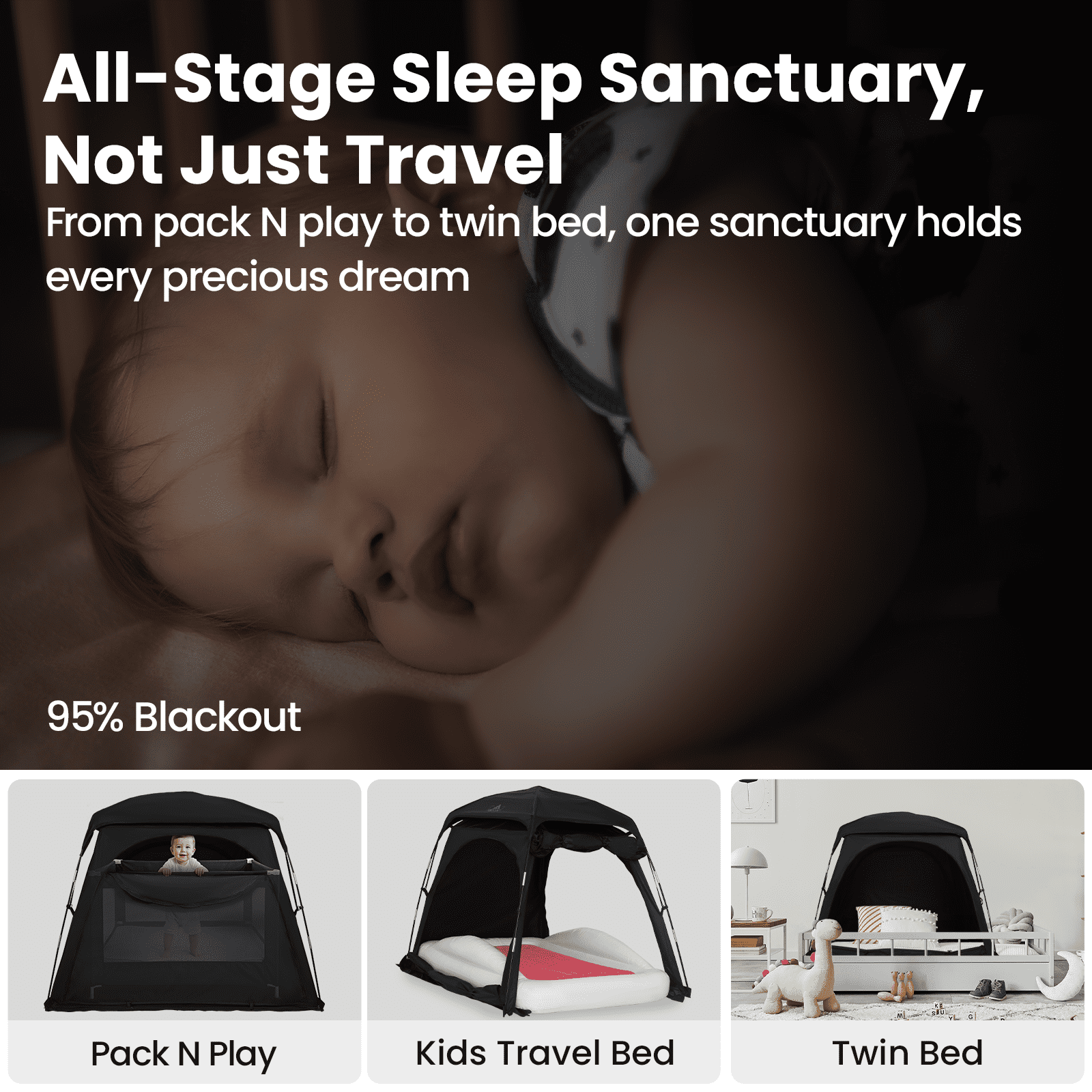 KNOCLOC Blackout Sleep Tent for Toddler Travel Bed, Pack and Play, Kids Air Mattress & Cot, CPC Certified Baby Sleep Pod with Fan Pouch Breathable Portable & Easy Setup