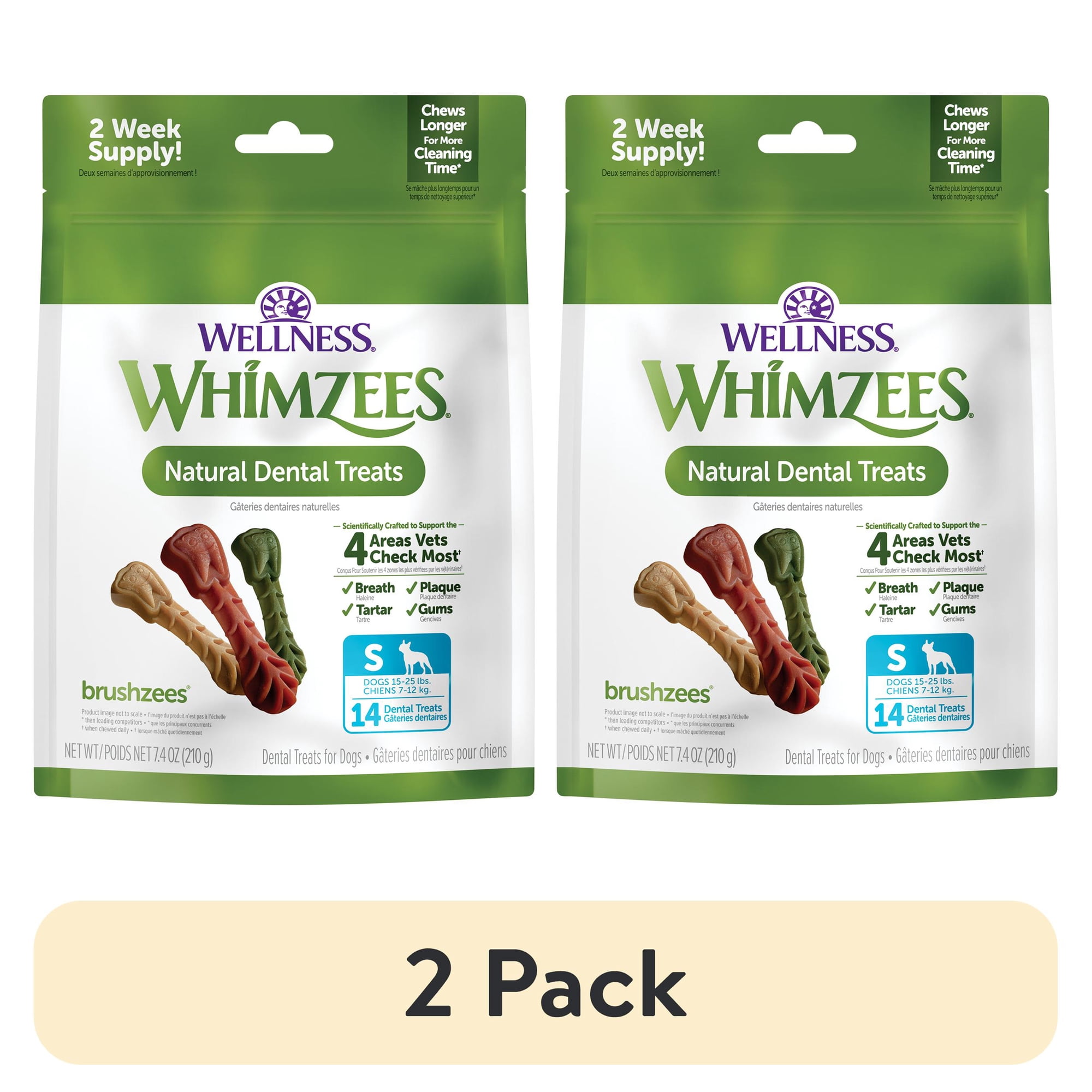 (2 pack) Wellness WHIMZEES Daily Brushzees Natural Dog Dental Treat, VOHC Accepted Chews, Freshens Breath, Small Size, 7.4 oz Bag, 14 Count