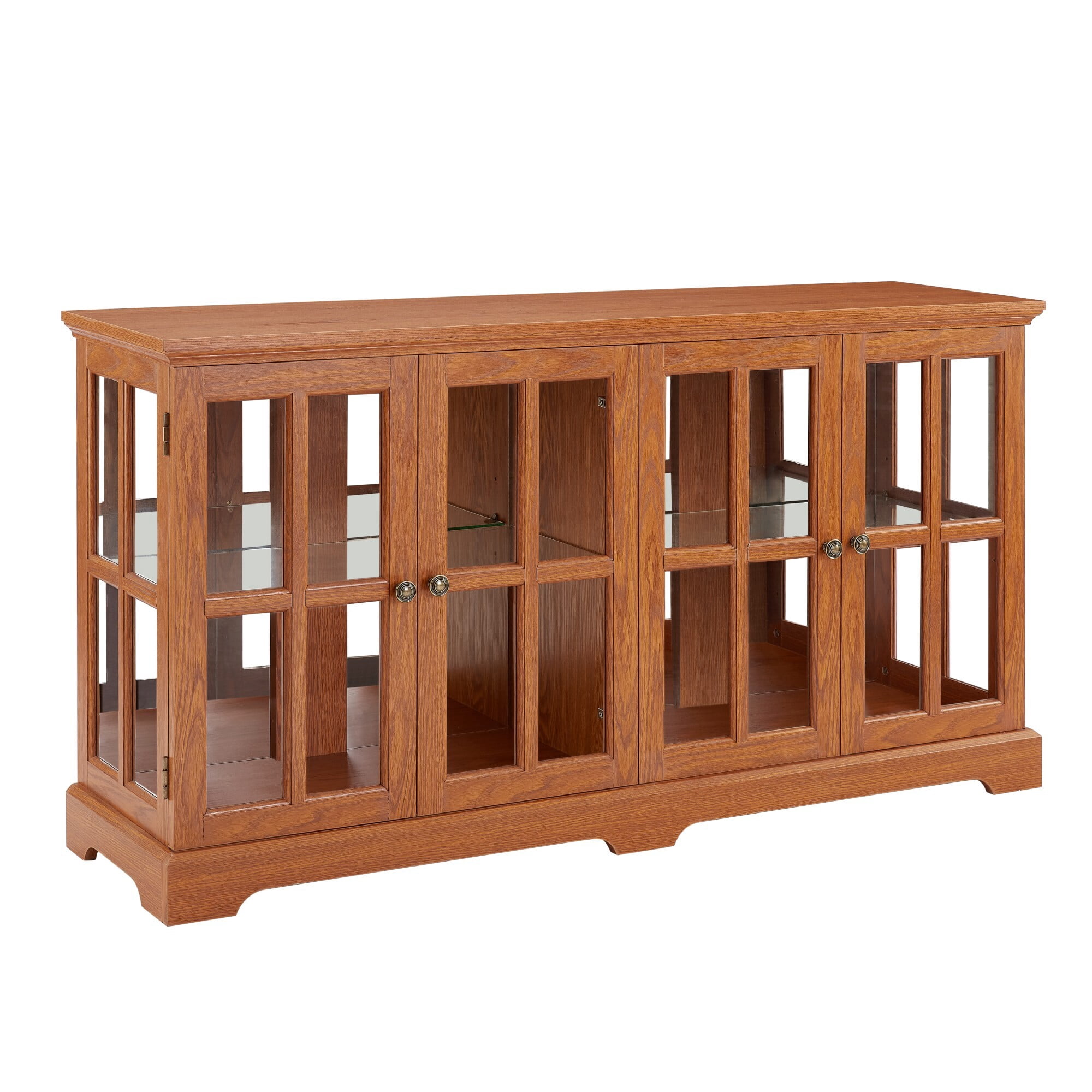 AENKYO Retro LED Glass Display Cabinet with Adjustable Shelves, Vintage Style Curio Showcase for Home, Dark Oak