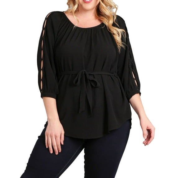 eVogues Plus Size Waist Tie Hi-Lo Hem Top Black