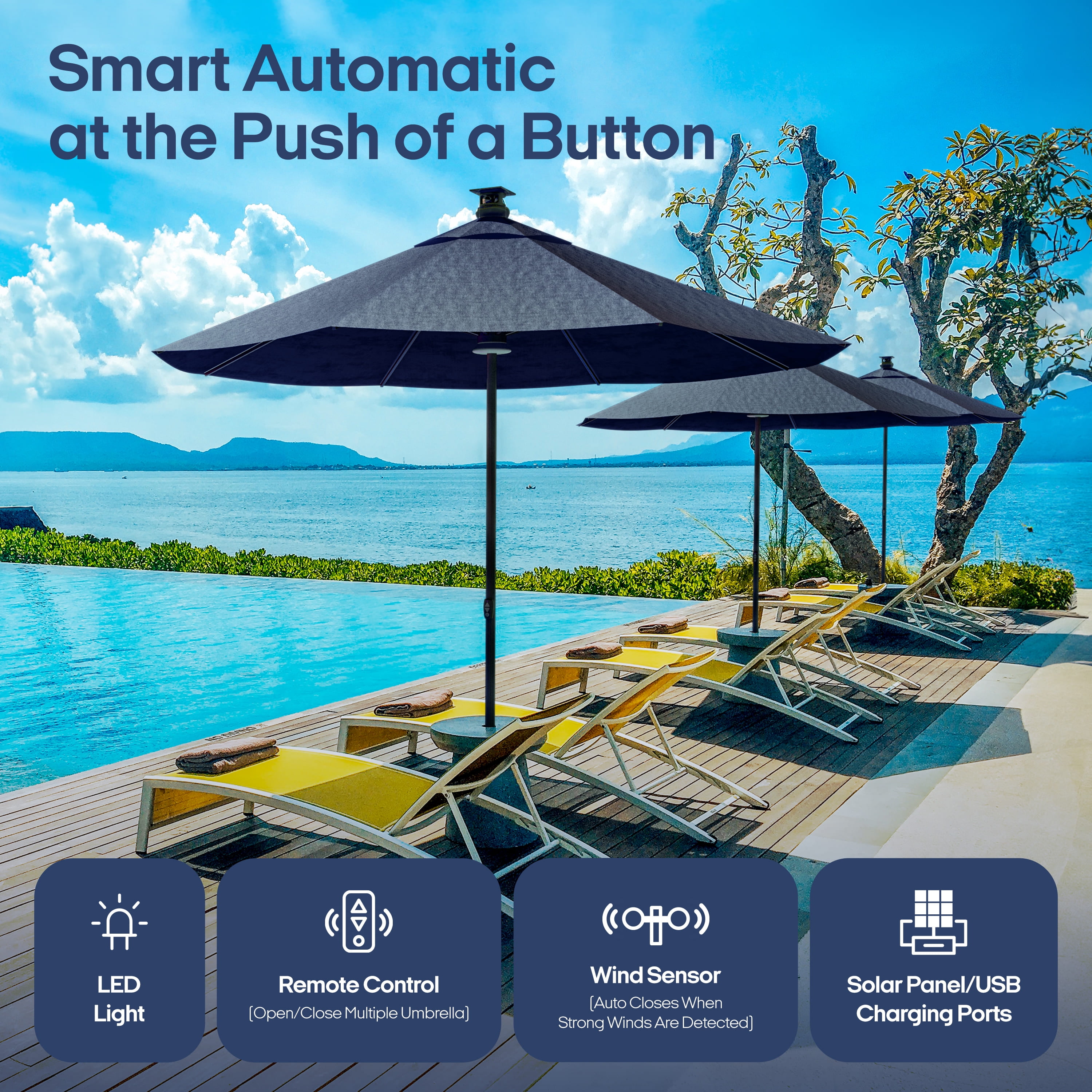 Above® Solo Classic 106 in Blue Solid Print Octagon Market Patio Umbrellas, Fade Resistant, Solar Powered, LED Lighting