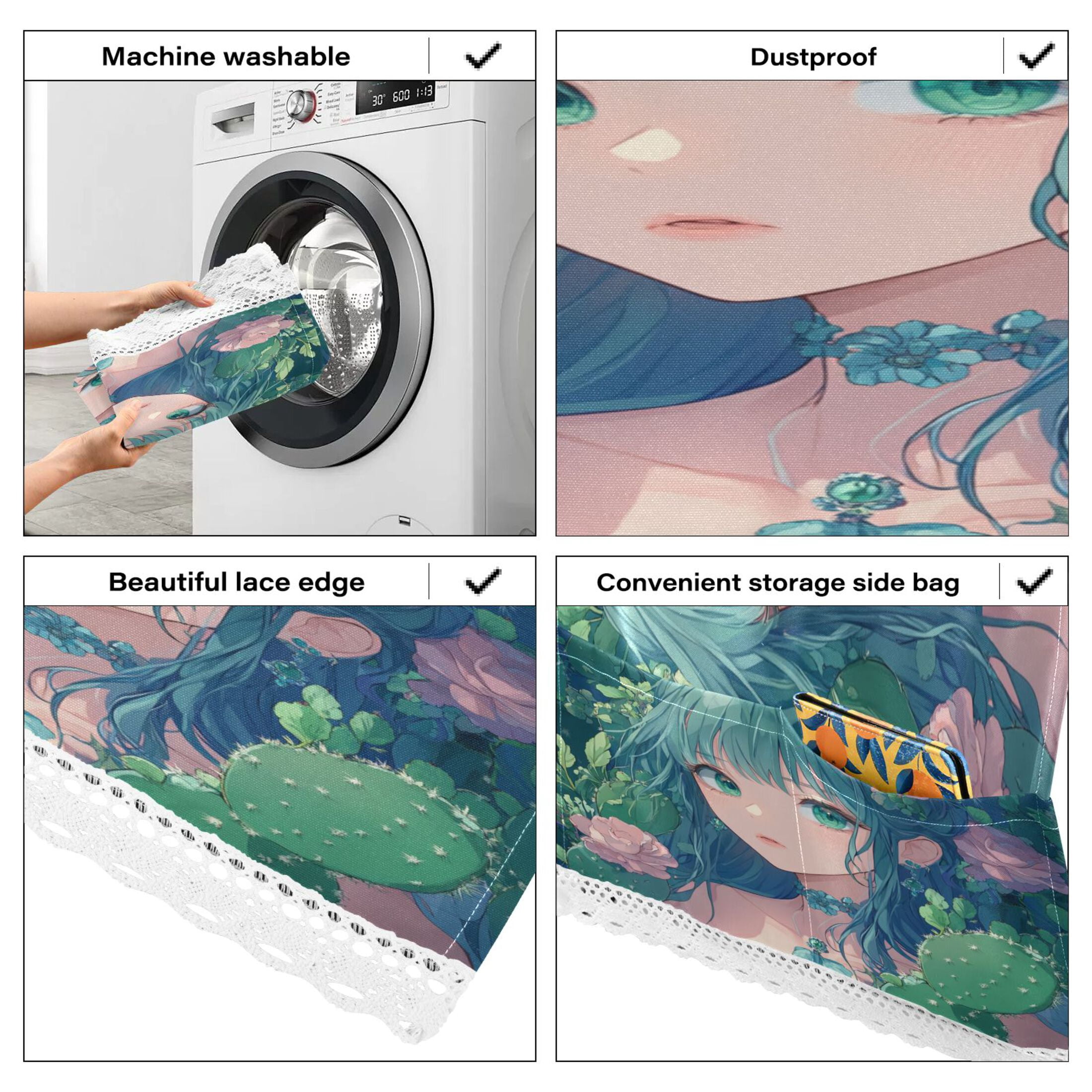 Anime Cactus GirlWasher and Dryer Covers Dust-Proof and Oil Resistant Fridge Cover with 4 Storage Pockets Washing Machine Top Cover for Laundry Kitchen Home 51.2 x 22 In