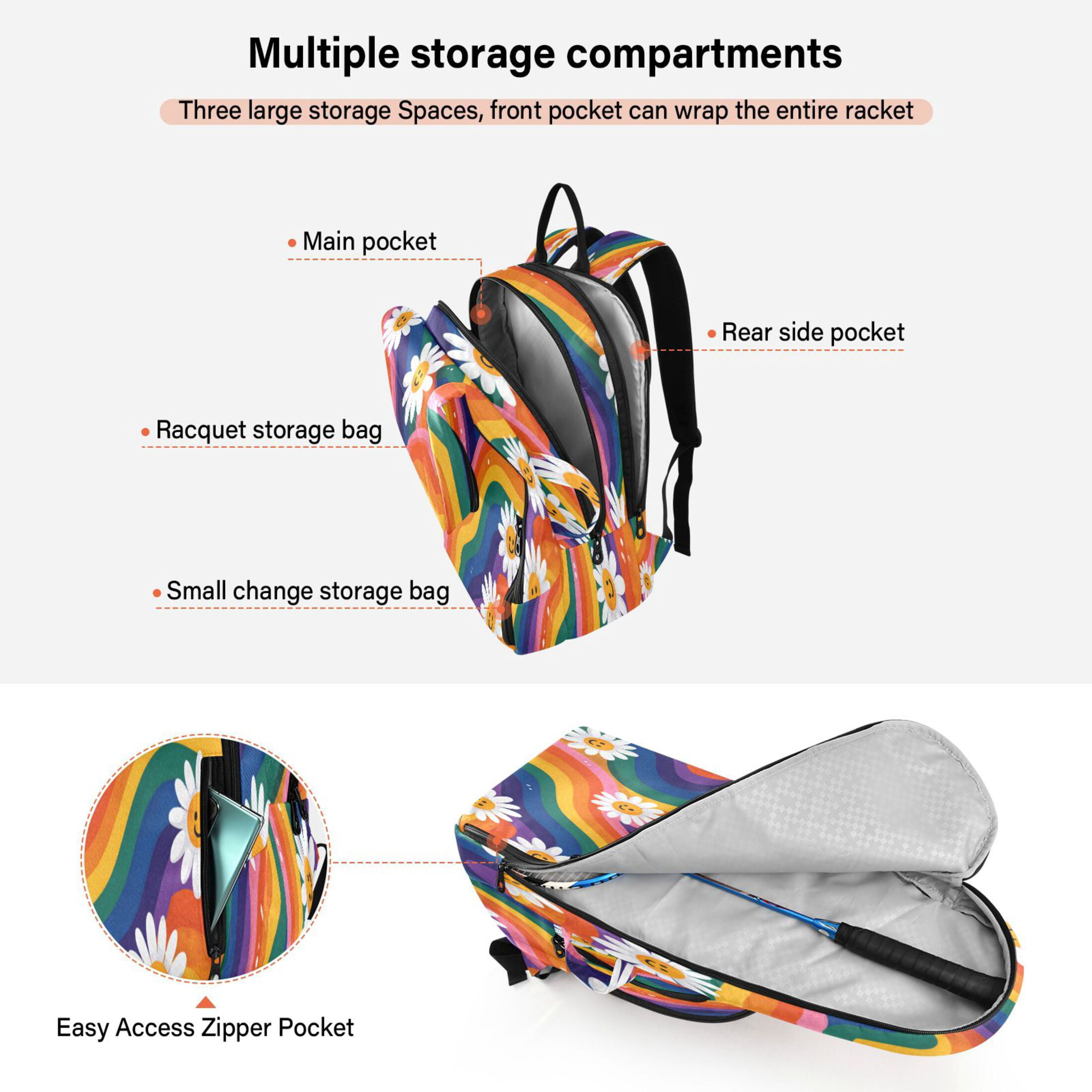 2 Racquet Holder Tennis Backpack Tennis Racket Covers Gym Bags Rainbow-colored Waves with Daisies