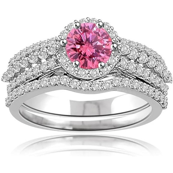 Divine Creation 1.20 Ct Round Cut Pink Sapphire & Diamond Wedding Engagement Bridal Ring Set 14K White Gold Plated 925 Sterling Silver For Women's -8.5