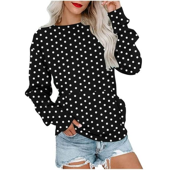 cocolona Womens Crewneck Sweatshirt Fall Long Sleeve Shirts Fashion Casual Loose Polka Print Tops with Pockets