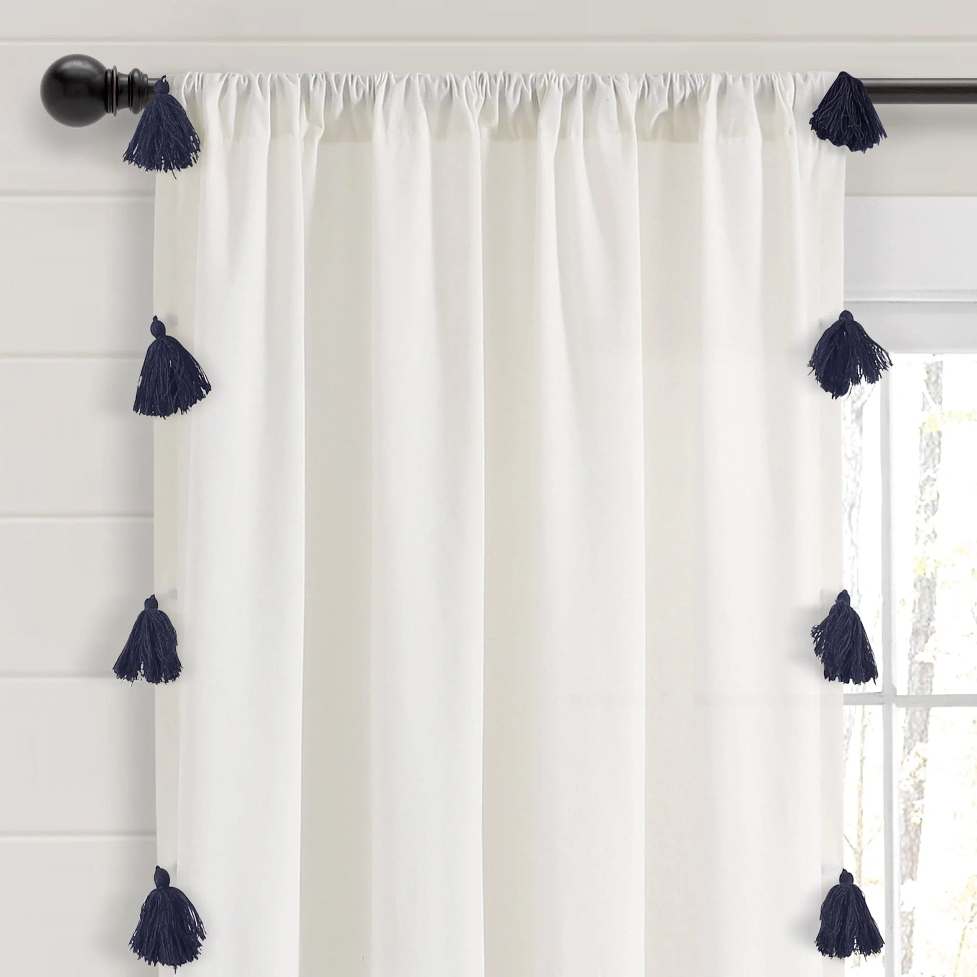 Lush Decor Boho Faux Linen Texture Tassel Single Window Curtain Panel - White/Gray - 84 x 52