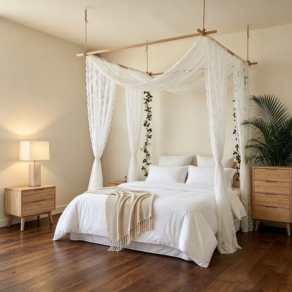 2 Panels Lace Bed Canopy,Boho Vintage Hollow Out Embroidery Sheer Bed Curtains,Canopy Bed Curtains for Bedroom Decor