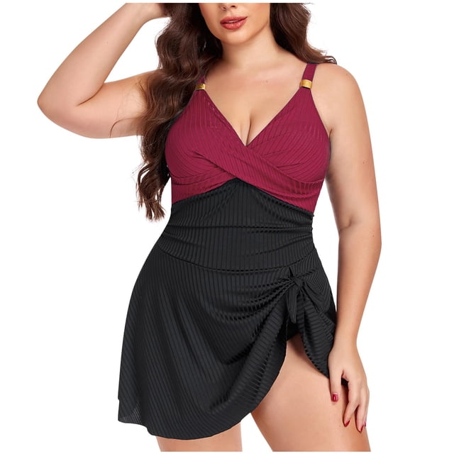 Xfvqtps Maillot de Bain une Pièce Grande Taille pour Femmes Robe de Bain Fendue à Nouer devant Rayée Texturée Froncée Col en V pour la Plage