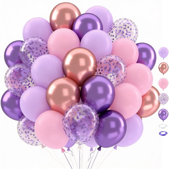 50 pcs 12 inch Metallic Rose Gold Purple Pastel Pink Purple Confetti Latex Balloons, Purple and Pink Balloons Set for Girl Birthday Baby Shower Wedding Party Decorations