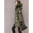 thumbnail image 1 of Parka con capucha y cuello de piel para mujer, abrigo largo con diseño de bolsillos y cremallera con parche de letras a la moda, abrigos gruesos y cálidos elegantes para mujer, 1 of 2