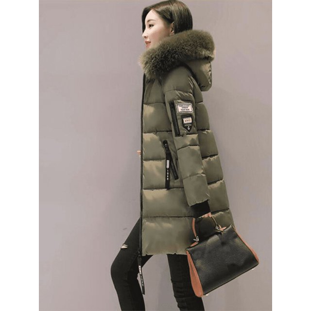 Parka con capucha y cuello de piel para mujer, abrigo largo con diseño de bolsillos y cremallera con parche de letras a la moda, abrigos gruesos y cálidos elegantes para mujer