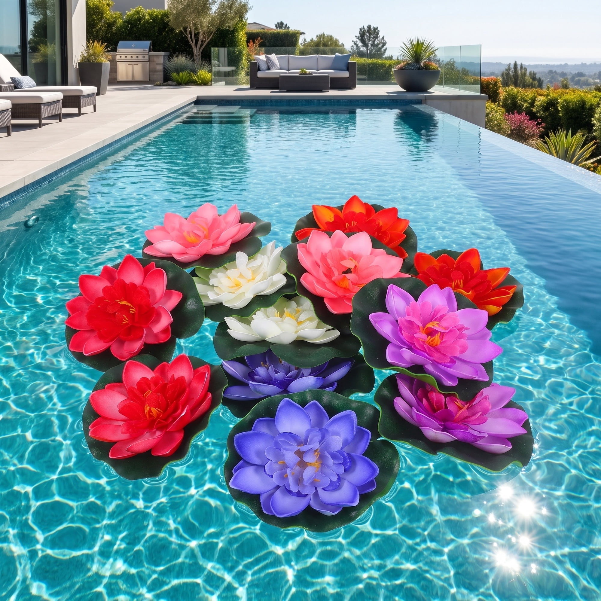 DEEPCRAFF 12Pcs Floating Water Lily Decor Foam Artificial Flowers for Garden Pool Pond Decoration