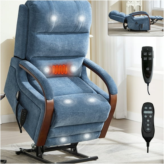 JERFIT Power Lift Recliner Chair with Heat and Massage, Infinite Position Reclining, Blue Chenille Fabric, for Elderly and Mobility Support