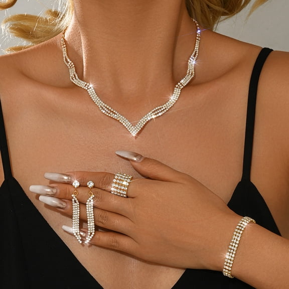AEXTO Elegant Silver Full Rhinestone Jewelry Set for Women Wave Collar Necklace, Tassel Earrings, Eternity Bracelet & Crystal Ring Luxury Iced Out Statement Wedding Party Accessories