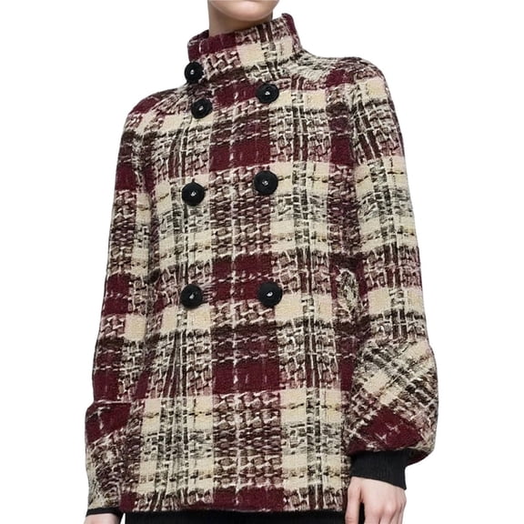 Womens Plaid Wool Trench Pea Coat Winter Dressy Double Breast Stand Collar Jacket Deep Red XXL