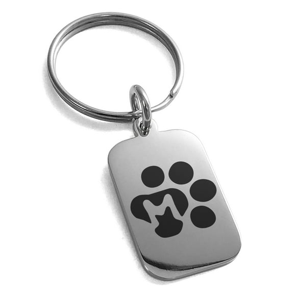 Stainless Steel Letter M Initial Cat Dog Paws Monogram Engraved Small Rectangle Dog Tag Charm Keychain Keyring