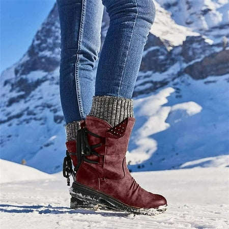 

HOLXI 2024 Womens Mid Calf Snow Boots Winter Round Toe Low Heel Knight Boots Fashion Side Zipper Warm Combat Booties Cowboy Boots for Women