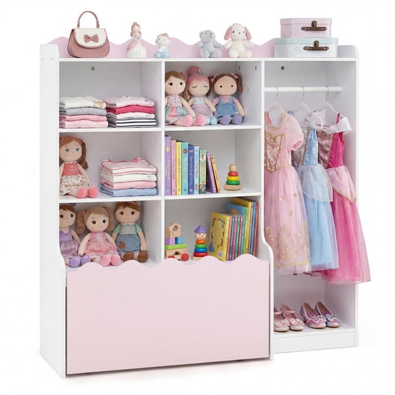 Kids Toy Storage Organizer with Clothing Rack, 6 Cubes, Movable Drawer, Pink