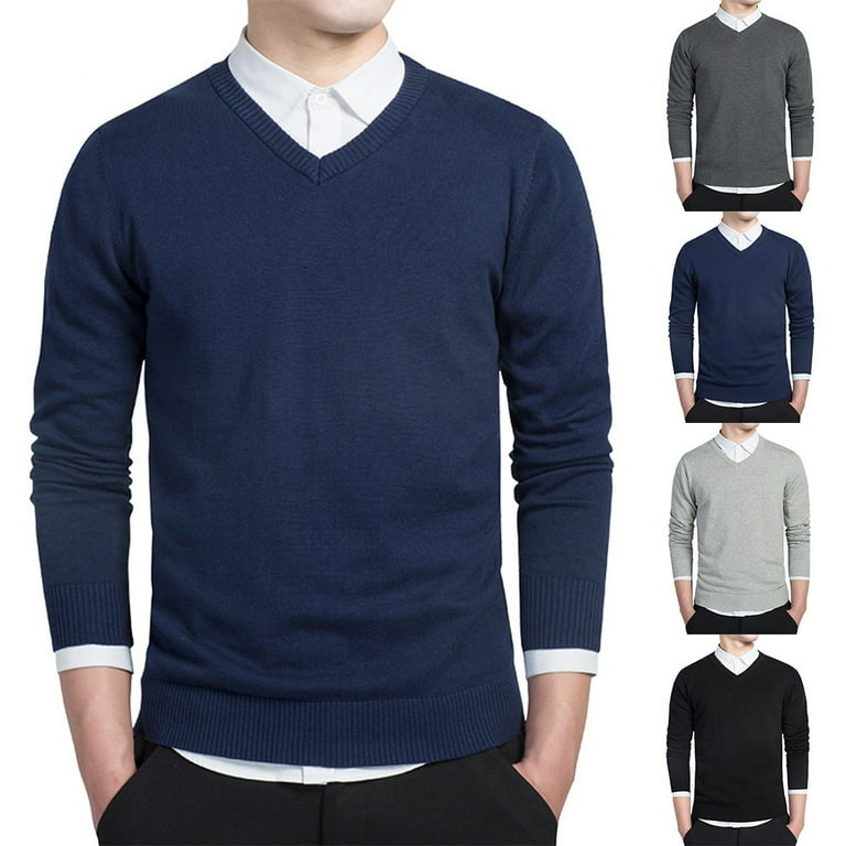 Mens Solid Color V Neck Jumper Knitted Plain Sweater Warm Long Sleeves  Bottoming - Walmart.com