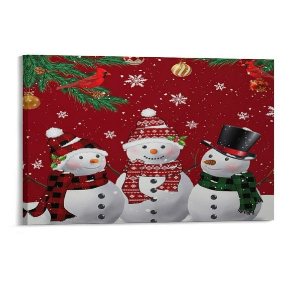 Christmas Tree Snowman Pine Branches Cone Bird Snowflake Red Canvas Prints Wall Art，Winter Scene Decor Wooden Framed for Living Room Bedroom Office 12×8 inch