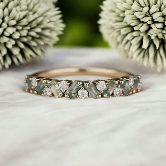 Unique Moss Agate Ring Moss agate Wedding Band Gold Rings Art Deco Eternity Band Moss Agate Matching Rings Personalized Gift For Love