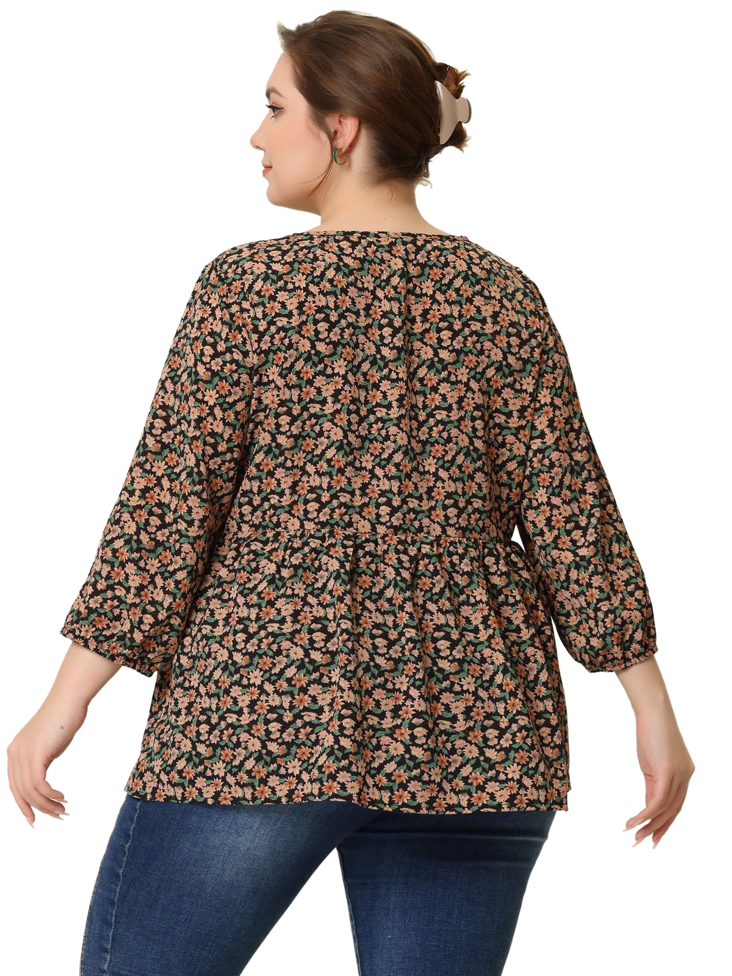 Unique Bargains Women's Plus Size 3/4 Sleeves Chiffon Keyhole Floral Tops 4X Black Beige