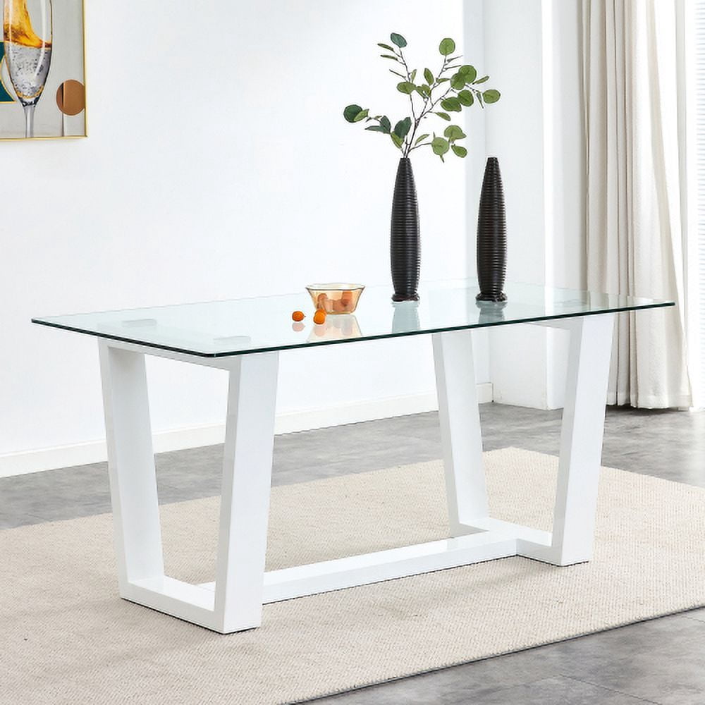 BSHTI Glass Dining Table Large Modern Minimalist Rectangular for 6-8 with 0.4" Tempered Glass Tabletop and white MDF Trapezoid Bracket,For Kitchen Dining Living Meeting Room Banquet Hall