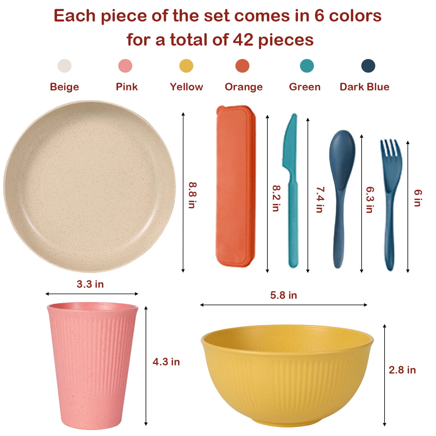 Axidou Wheat Straw Dinnerware Sets, 42 PCS Plastic Plates and Bowls Sets, Travel Camping Cutlery Set